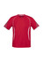 A red short sleeve tee featuring a v-neck and white accents, with a logo on the front.
