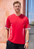 A red short sleeve tee featuring a V-neck and mesh detailing, with white accents and a logo on the chest.