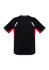 A short-sleeve tee in black with red accents and reflective details, featuring a logo on the design.