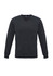 A dark grey men's pullover sweater with a V-neck and long sleeves, featuring a logo.