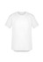 A plain white T-shirt featuring short sleeves and a rounded neckline, with a subtle logo present.