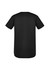 A black men's t-shirt featuring short sleeves and a rounded hem. It has a brand logo on the back.