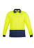 A bright yellow unisex long sleeve polo shirt with a navy blue bottom and a chest pocket, featuring a branded logo.