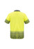 A bright yellow short sleeve polo shirt with a patterned lower section and a collar. Features a logo.