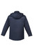 A navy unisex softshell jacket with a hood and reflective detailing on the back. It features a logo.