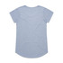 A light blue t-shirt with a rounded hem and short sleeves, featuring a logo on the back.