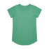 A green short-sleeved T-shirt with a rounded neckline and a logo on the label.