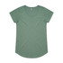 A green short-sleeved t-shirt with a scoop neckline and a curved hem. It has a logo on the label.