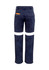 A pair of navy blue work pants featuring white reflective tape and a branded tag.