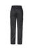 A pair of women's black cargo pants featuring side pockets and a fitted design. The back view highlights the pant's structure.