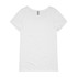 A white shallow scoop tee with a smooth, lightweight fabric and a round neckline. It features a brand logo.