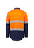 A spliced work shirt featuring orange and navy colours with reflective hoop tape details and a logo.
