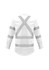A long sleeve white work shirt featuring reflective tape in an X pattern on the back. It includes a logo.