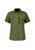 A women's outdoor short sleeve shirt in olive green with two chest pockets and a zip pocket, featuring a logo.