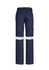 Navy work pants featuring reflective tape strips and pockets, designed for utility and functionality.
