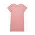 A pink short-sleeved dress with a simple round neck and a plain back design. It features a logo at the neck.