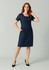 A short-sleeve dress in navy blue with a square neckline and side pockets, featuring a smooth, fitted style.