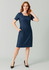 A navy short sleeve dress with a square neckline and pockets, featuring a fitted silhouette. It has a logo.