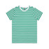 A striped t-shirt featuring green and white horizontal lines, with a rounded neckline and short sleeves.