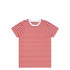 A red and white striped T-shirt with short sleeves and a round neckline. Features a brand logo on the label.
