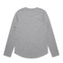 A long-sleeved grey T-shirt with a curved hem and a brand logo on the back.