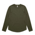A long-sleeve T-shirt in olive green, featuring a simple design and a subtle logo.