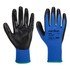 A pair of Dexti-Grip gloves featuring a blue fabric and black coated palm, with a green wrist trim.