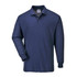 A long sleeved polo shirt in navy blue, featuring a collar and a logo on the chest.