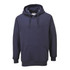 A navy blue hoodie featuring a front pocket and drawstring hood, with a discreet logo on the design.