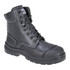 A black safety boot with a high ankle, lace-up design, and a protective toe cap. Features stitching details and a logo.