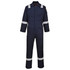 A navy blue antistatic coverall with reflective stripes and a logo on the chest. It features long sleeves and a zip-up front.