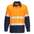 A two-tone long-sleeve work shirt featuring bright orange and navy blue colours with reflective stripes and a logo.