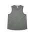 A grey singlet tank top with a rounded hem and a tag at the neck. It features a branding logo.