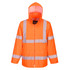 A bright orange Hi-Vis rain jacket with reflective stripes and a hood, featuring a logo.