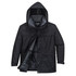 A black puffer jacket with a hood, featuring a zip and button front, and multiple pockets. It has an interior lining.