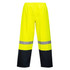 Bright yellow waterproof pants with reflective stripes and dark navy sections at the bottom. Includes an elastic waistband.