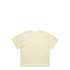 A cropped tee in a light cream colour, featuring a casual, relaxed fit. It includes a logo on the label.