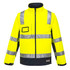 High-visibility softshell jacket in yellow with reflective stripes and a front pocket, featuring branding.