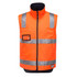 An orange high-visibility traffic vest featuring reflective strips and a front pocket. The vest has a zip closure and a collar.