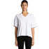A white V-neck T-shirt with short sleeves and a loose fit, featuring a branding logo.
