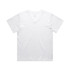 A white V-neck T-shirt featuring short sleeves and a simple design, with a logo on the label.
