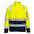 A high-visibility softshell jacket in bright yellow with reflective strips and navy accents, featuring a zip pocket and branding.