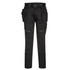 A pair of black cargo pants with multiple pockets and a belt, featuring a sleek design and reflective details.