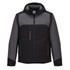 A hooded softshell jacket in black and grey, featuring multiple zippered pockets and a logo.