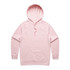 A pink hoodie with a front pocket and a hood. It features a logo on the design.