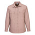A beige long-sleeve utility work shirt with a button front and two chest pockets, featuring a subtle logo.