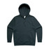 A dark hoodie featuring a front pocket and a drawstring hood, with a brand logo present.