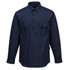A dark blue long-sleeve button-up shirt featuring two chest pockets and a logo.