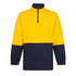 A yellow and navy cotton fleece jumper with a half-zip and side pockets, featuring an elasticated hem and cuffs.