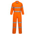 An orange flame retardant coverall with reflective strips, designed for safety and visibility. It includes a branding logo.